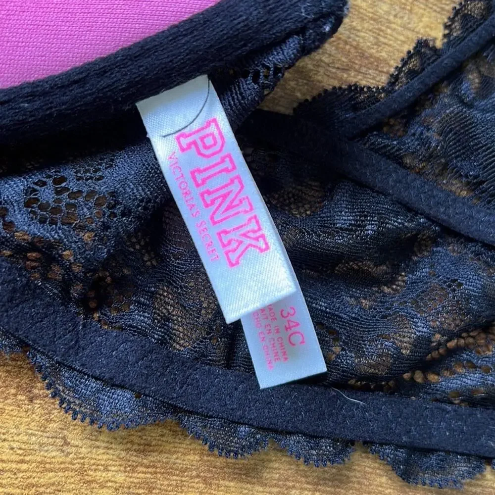 PINK Black Floral Lacey Push Up Date Racerback Bra